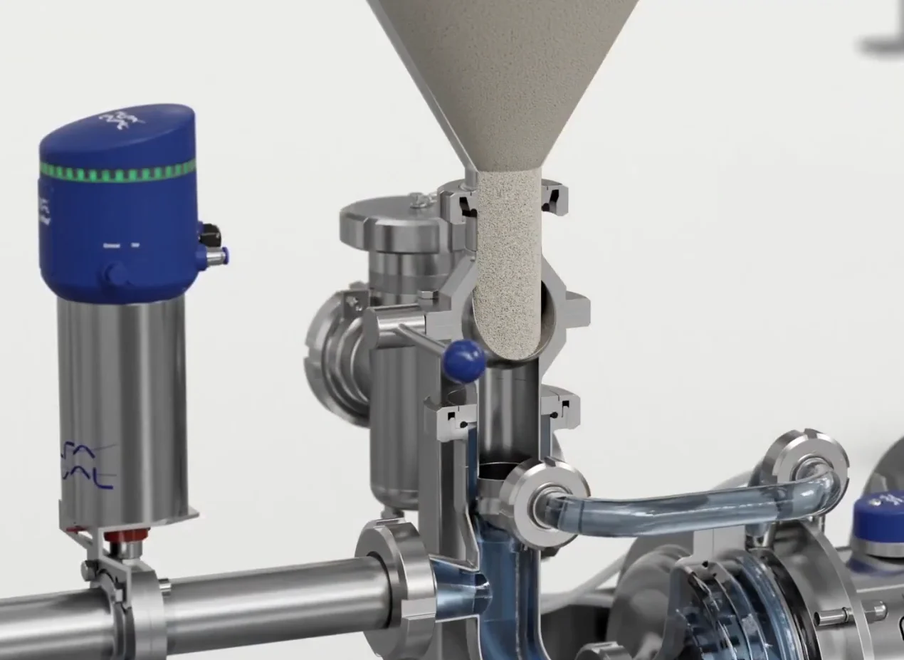 SII-AL-M15 Powder Rehydrator — Side view of injector system with C-ball valve open